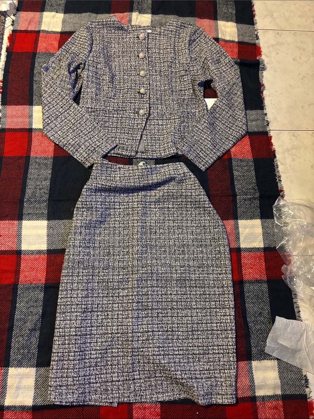 Tailored Blue Tweed Pencil Skirt - Women's